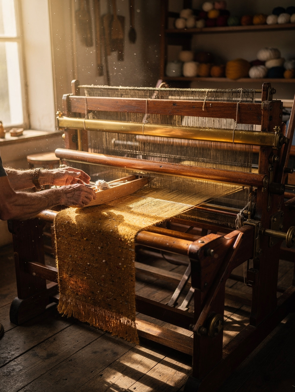 An artisan handcrafting curtains beside a traditional wooden loom