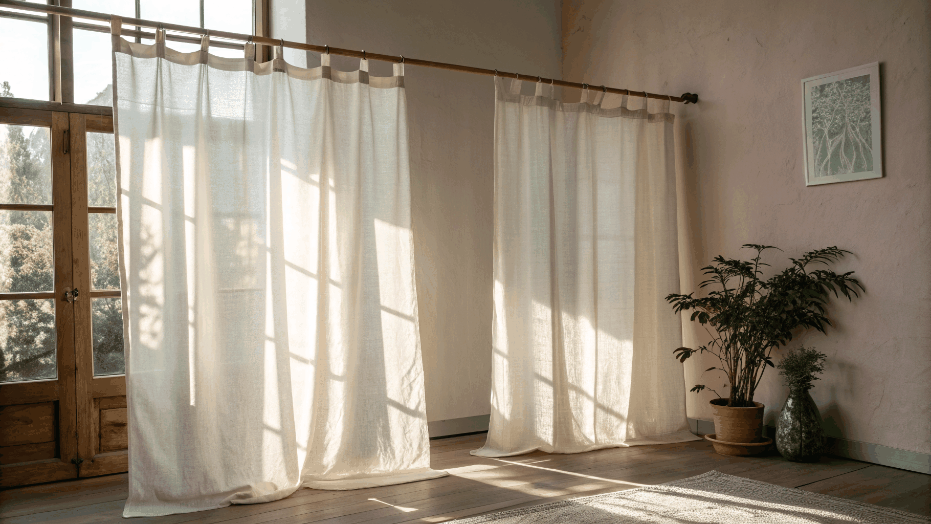Natural tailored linen curtain draping in warm golden sunlight