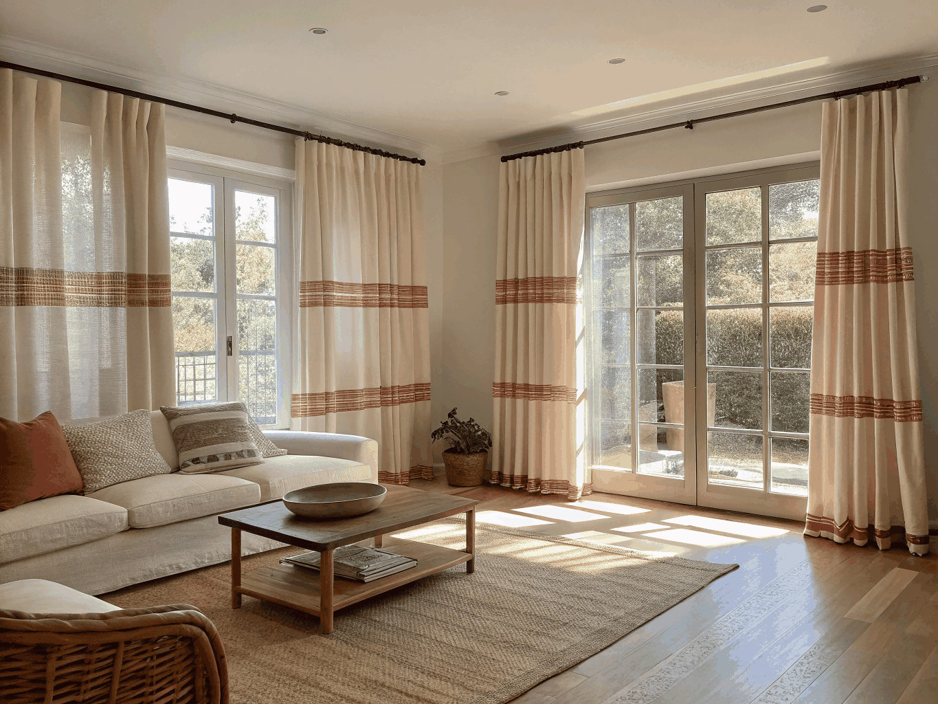 Softly draping handcrafted linen and velvet curtains bathed in vintage natural light